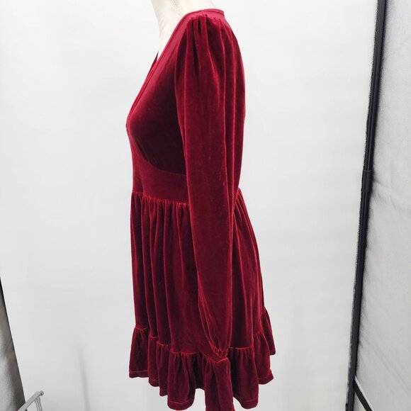HALARA Deep V Neck Ruffled Hem Velvet Cranberry Red Mini Party Dress XS NWT - Picture 8 of 11